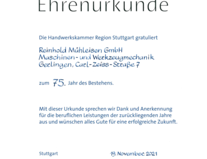 Ehrenurkunde der Handwerkskammer zum 75-jährigen Bestehen