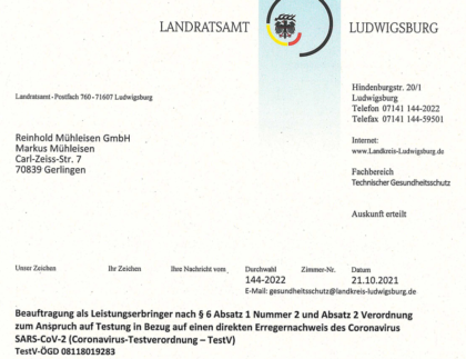 Schreiben des Landratsamts Ludwigsburg zur Beauftragung als Prüfstelle